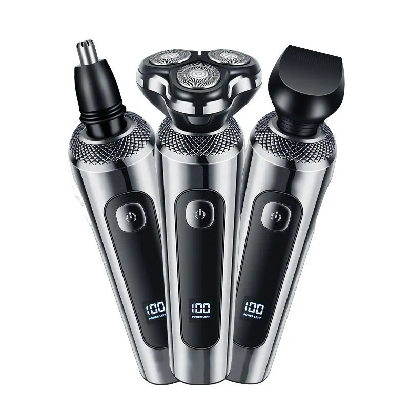 USB rechargeable beard trimmer with digital display on a five-in-one charging base bracket.