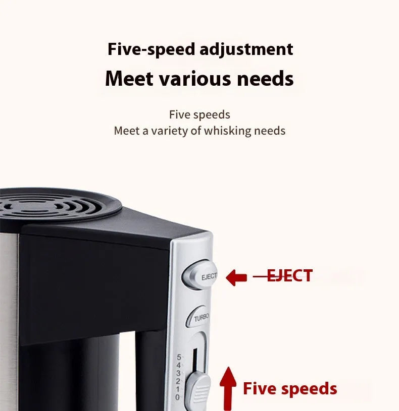 Silver handheld electric kitchen mixer with two metal beaters and 5-speed control dial