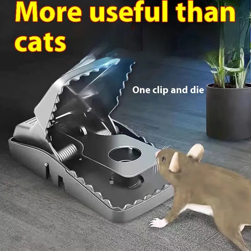 Automatic mouse trap shown in small, medium, and large sizes with metal and plastic colour options.