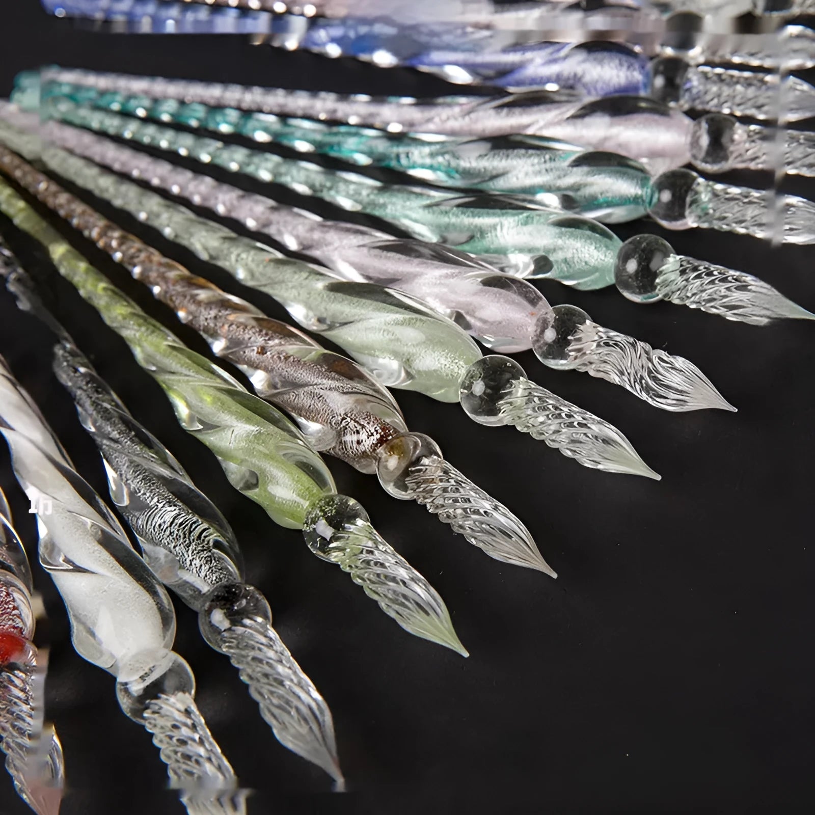 Dipped In Water Art transparent coloured glass crystal pen with abstract design in gift box.