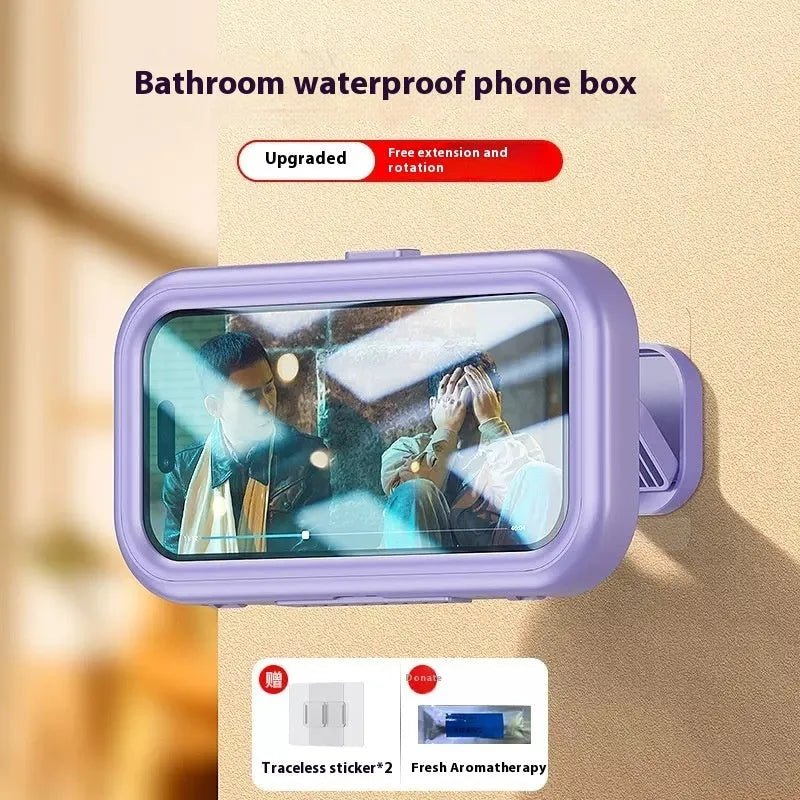 Bathroom waterproof punch-free wall-mounted touch screen anti-fog mobile phone bracket in electroplated white with rotatable arm and free base gel aromatherapy