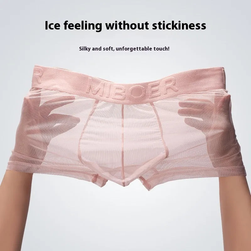 Men's solid-colour thin boxer shorts in quick-drying polyester fabric on a size chart