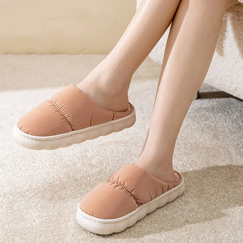 Blue down cotton slippers with artificial leather upper and thick rubber sole for indoor use
