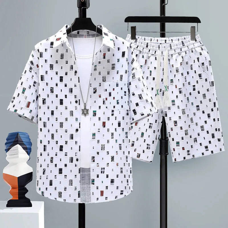 Men's casual sports set with a grey short-sleeve top and matching shorts on a hanger.