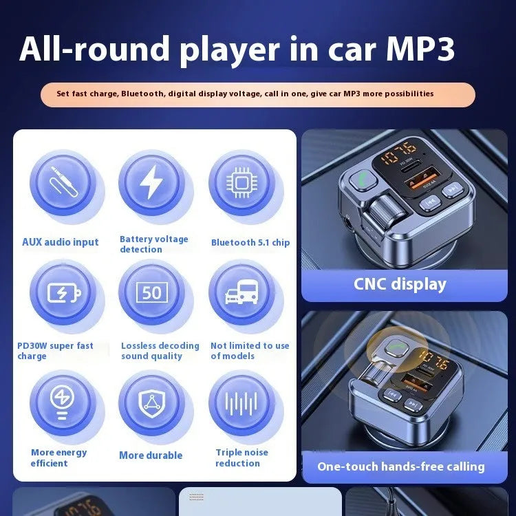Bluetooth car MP3 player and fast charger plugged into a vehicle's 12V socket with LED display visible.