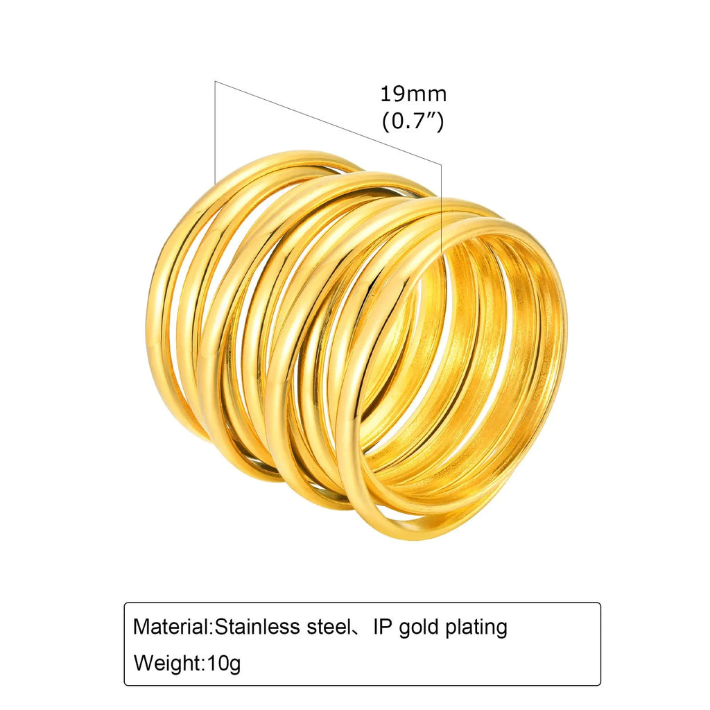 Gold electroplated stainless steel multi-loop multi-layer ring on white background in US size 7