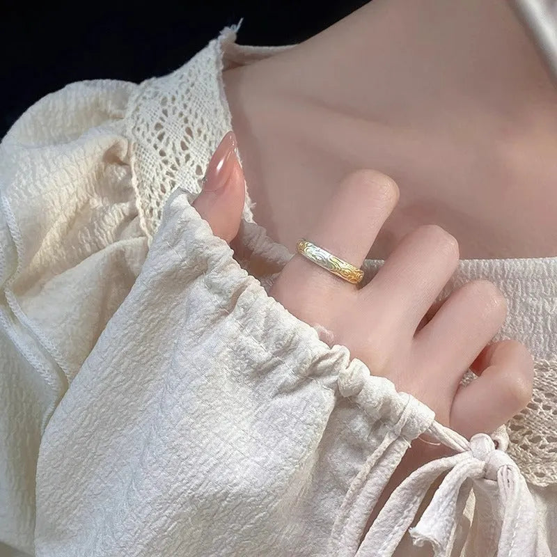 Open mouth geometric ring with Xiangyun pattern in silver gold electroplated finish on white copper