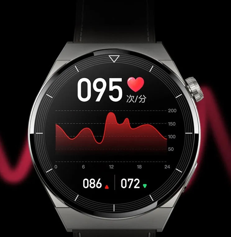 Round smart watch with black silicone band showing Bluetooth call and NFC access control display