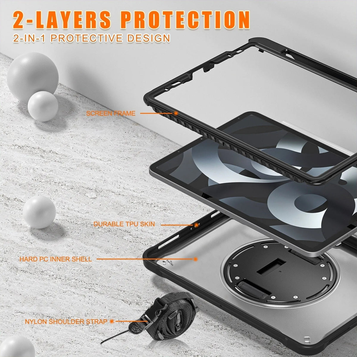 iPad Mini 6 tablet case with rotating bracket, lanyard, and bracelet in black colour