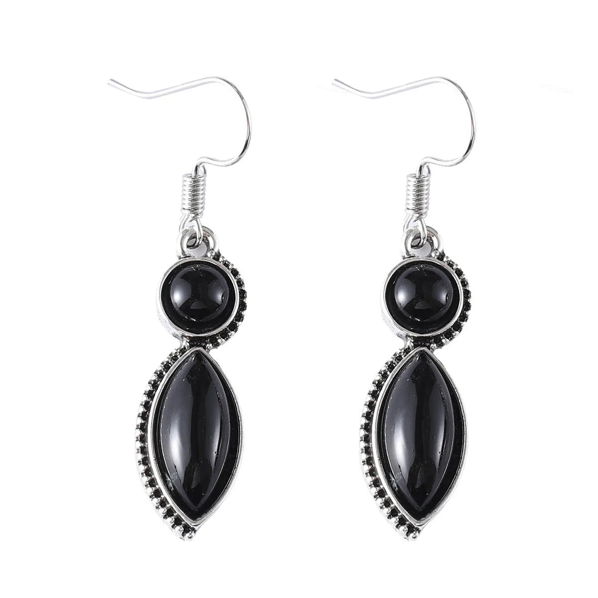 A pair of vintage geometric drop earrings with a round gemstone, in black and purple electroplated zinc alloy.