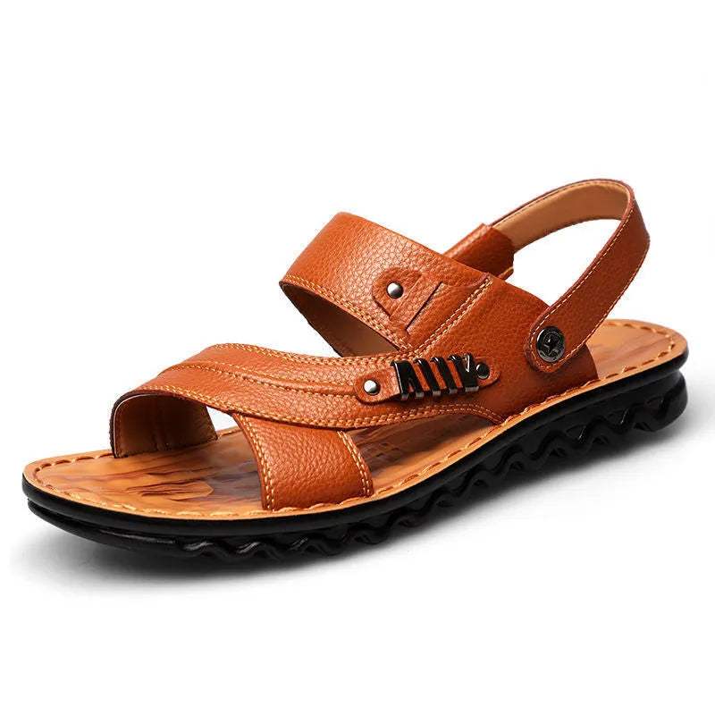First layer cowhide men's open toe sandals with non-slip rubber sole, colour black