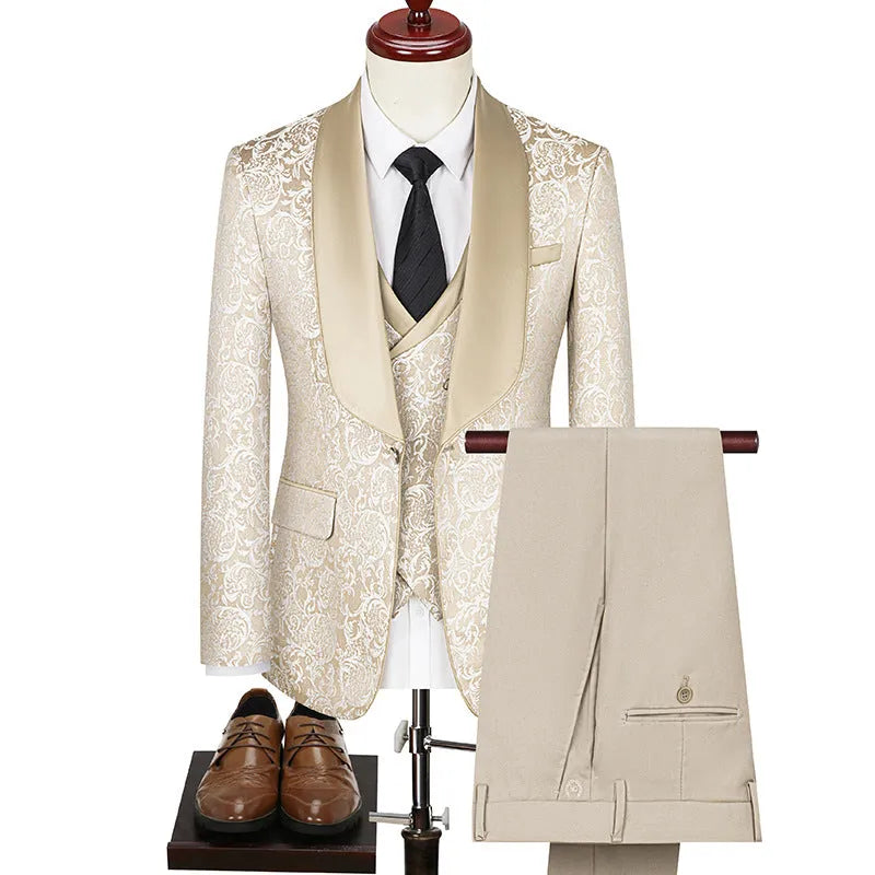 Men's jacquard slim fit wedding suit in black, acetate fibre blend, Asian sizing