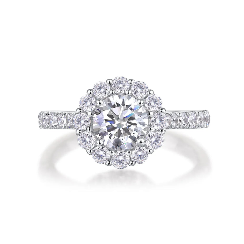 1-carat moissanite wedding ring set in S925 silver with platinum plating on white background