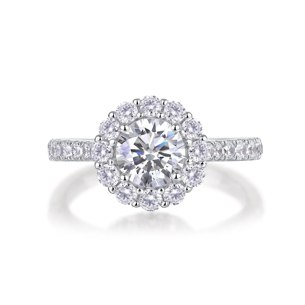 1-carat moissanite wedding ring set in S925 silver with platinum plating on white background