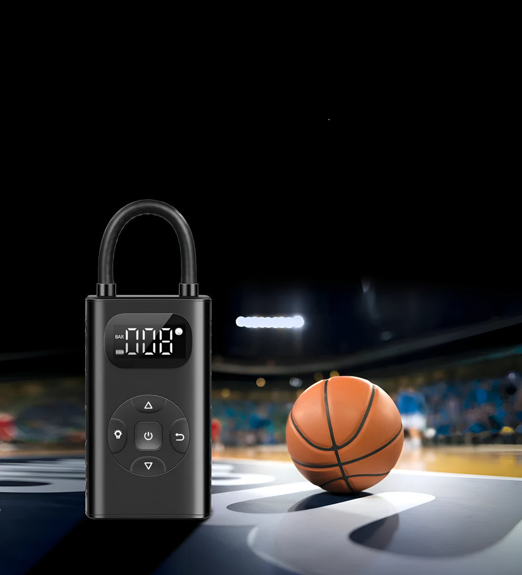 Black portable USB air compressor power bank with inflatable hose for car and bike tyres