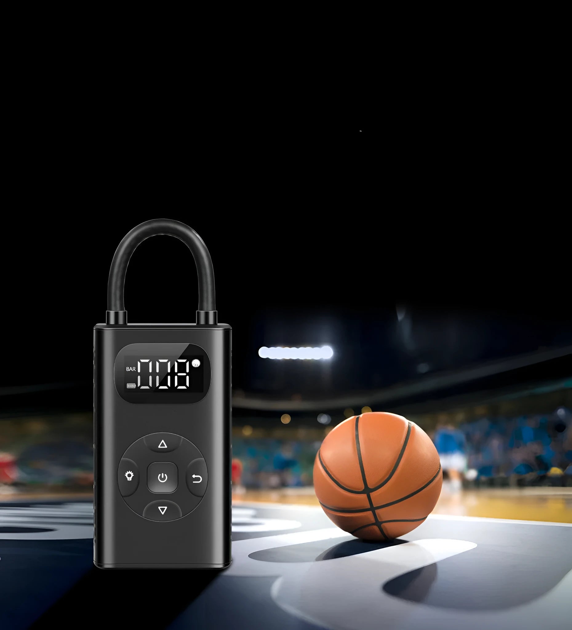 Black portable USB air compressor power bank with inflatable hose for car and bike tyres