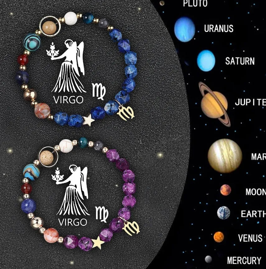 Set of two natural stone beaded bracelets with zodiac sign designs laid flat.