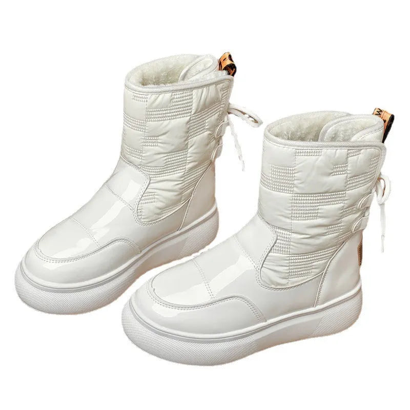 Women's flat-bottomed thick-soled ankle boots in white with velvet cotton finish, round toe, and rubber sole