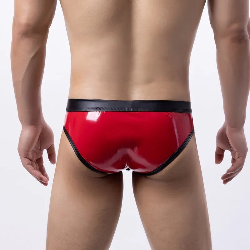 Men's gold polyester swim briefs with patent leather colour matching and low waist design