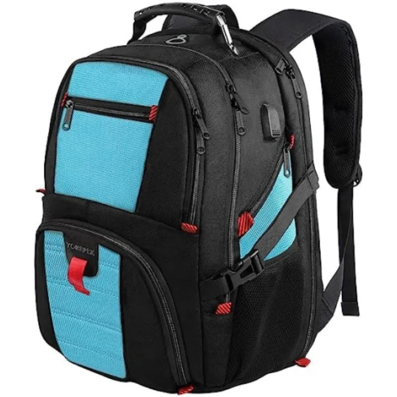 Large black USB charging backpack with curved shoulder straps and waterproof Oxford cloth material