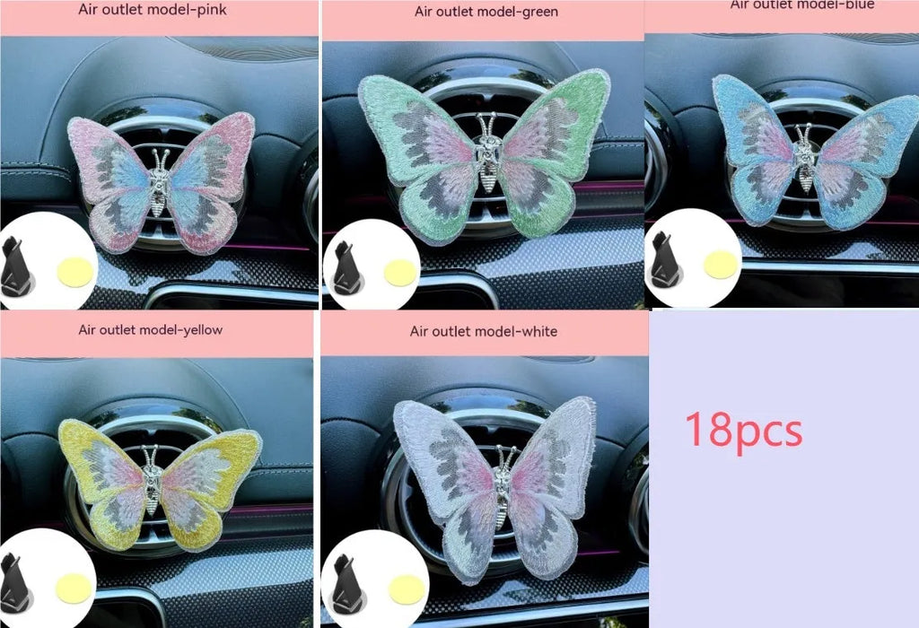 Embroidered butterfly fabric decoration for car air vent or dashboard in multiple colour options