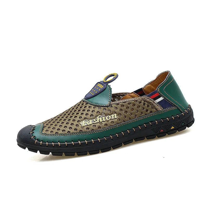 Men's brown casual mesh shoes with round toe and rubber sole on a white background.
