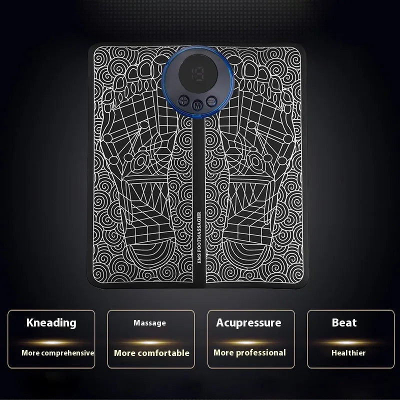 Pulse micro-current foot massage cushion with leather surface, LCD screen, and wireless remote control.