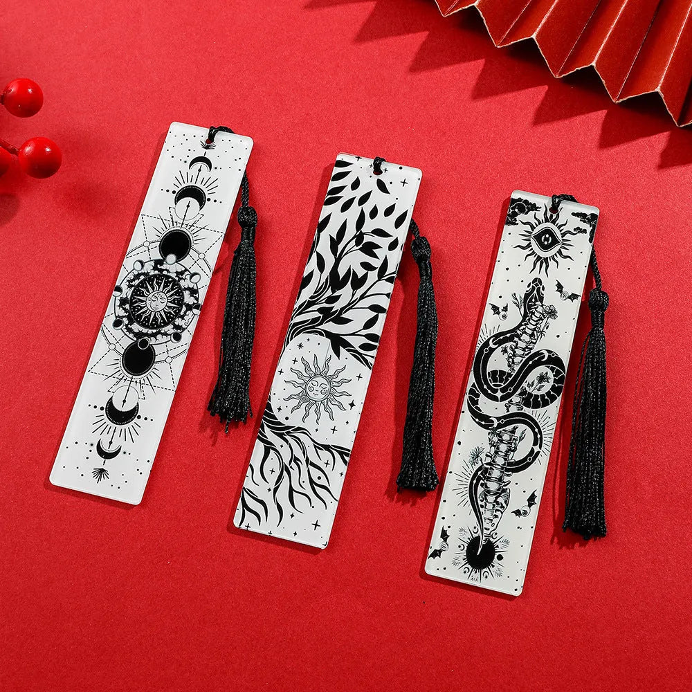 Acrylic tassel bookmark with creative skull pattern for reading decoration, available in ten colour options.