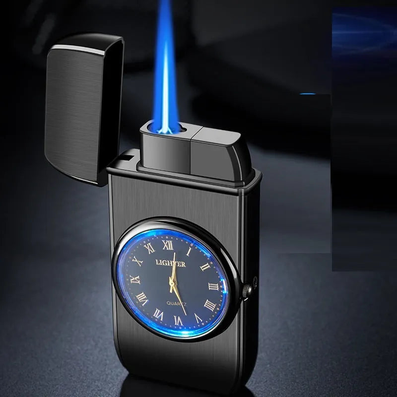Multifunctional electronic watch and gas lighter with LED flashing lamp in metal body
