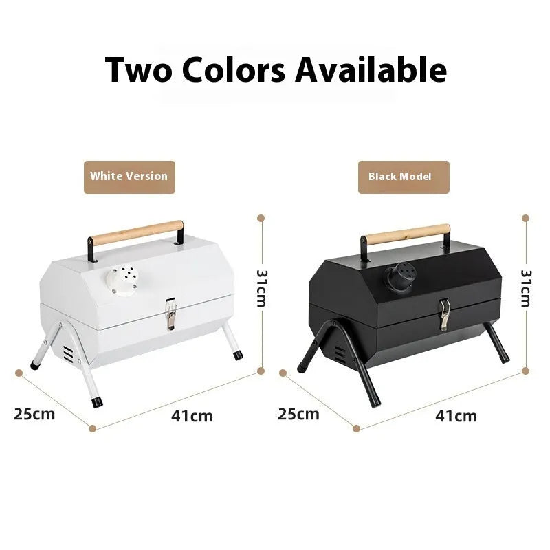 White round chimney oven style portable folding grill for frying and baking outdoors.