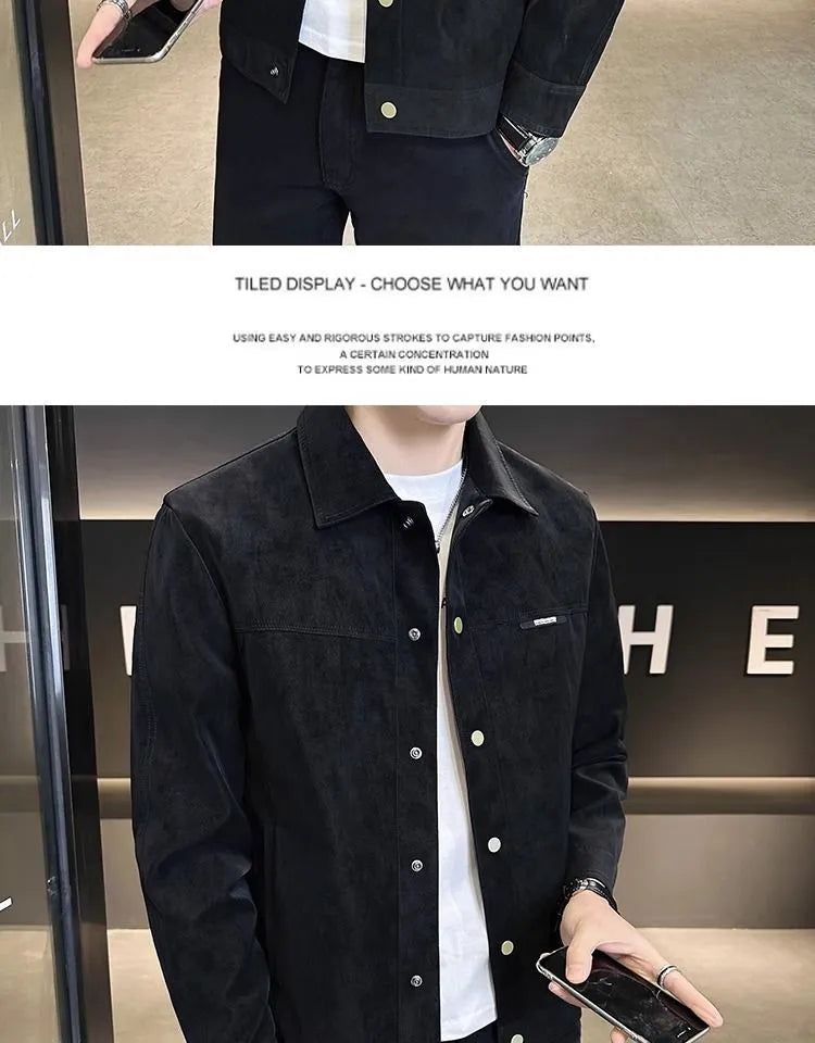 Men's chemical fibre blended suede lapel spring jacket in brown, solid colour with tie-dye finish, long sleeves, slant-cut hem