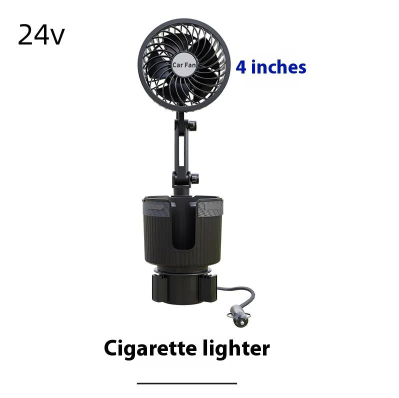ABS plastic car cup holder fan showing 4-inch and 6-inch size options for 12V, 24V, or USB power.