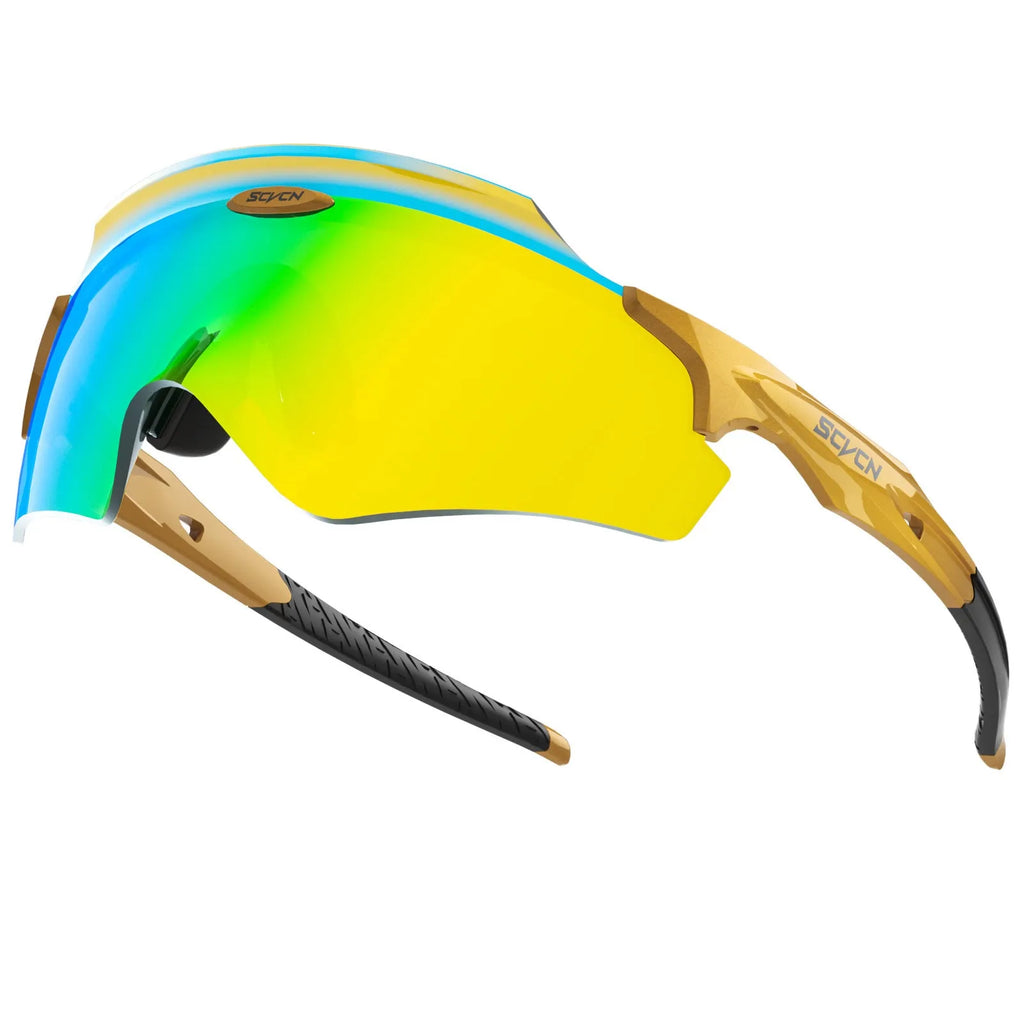 Frameless windproof sports goggles in a colourful integrated lens design for cycling and running.