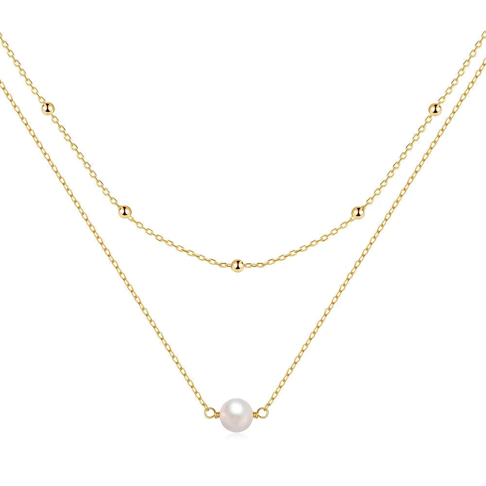 S925 sterling silver double layer twin pearl necklace with diamond treatment pendant