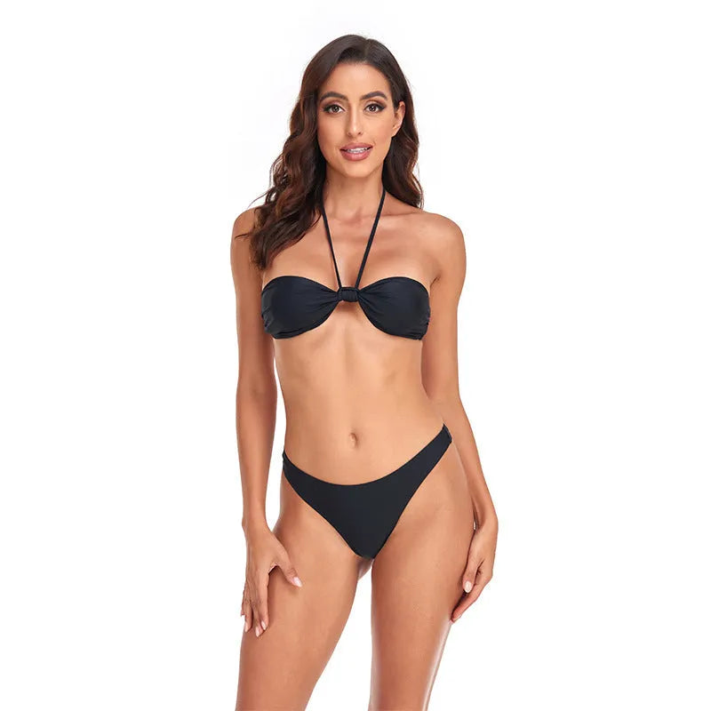 Black women's bikini set with lace-up tube top and matching briefs in polyester fabric