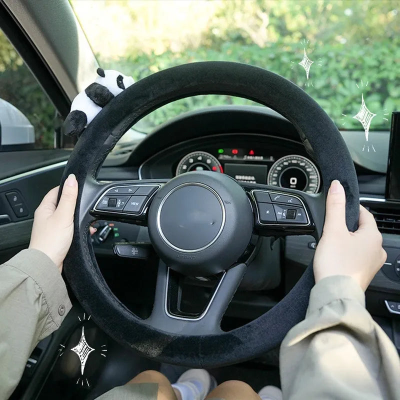 Black panda plush steering wheel cover and matching shoulder pad set for winter vehicle comfort