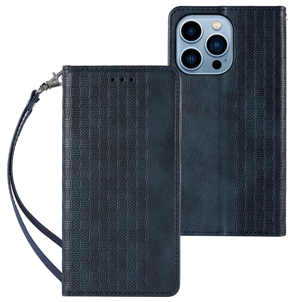 Embossed leather-look flip phone case for iPhone in black, shown open and closed.