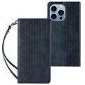 Embossed leather-look flip phone case for iPhone in black, shown open and closed.