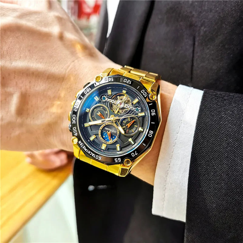 Men's automatic mechanical watch with a 12mm steel case on wrist, showing black dial and black case option.