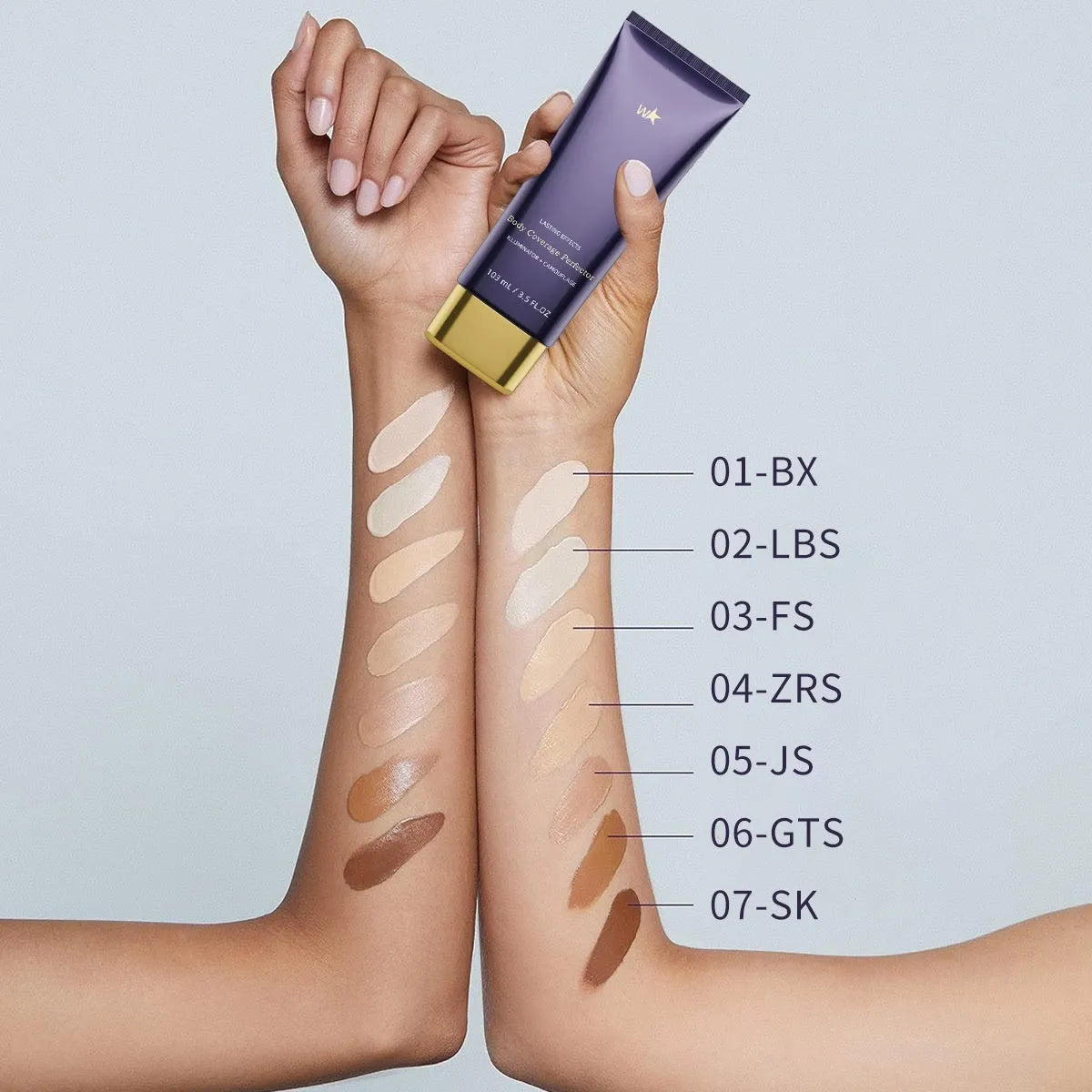 Waterproof body tattoo concealer cream bottle and brush in seven shade variants