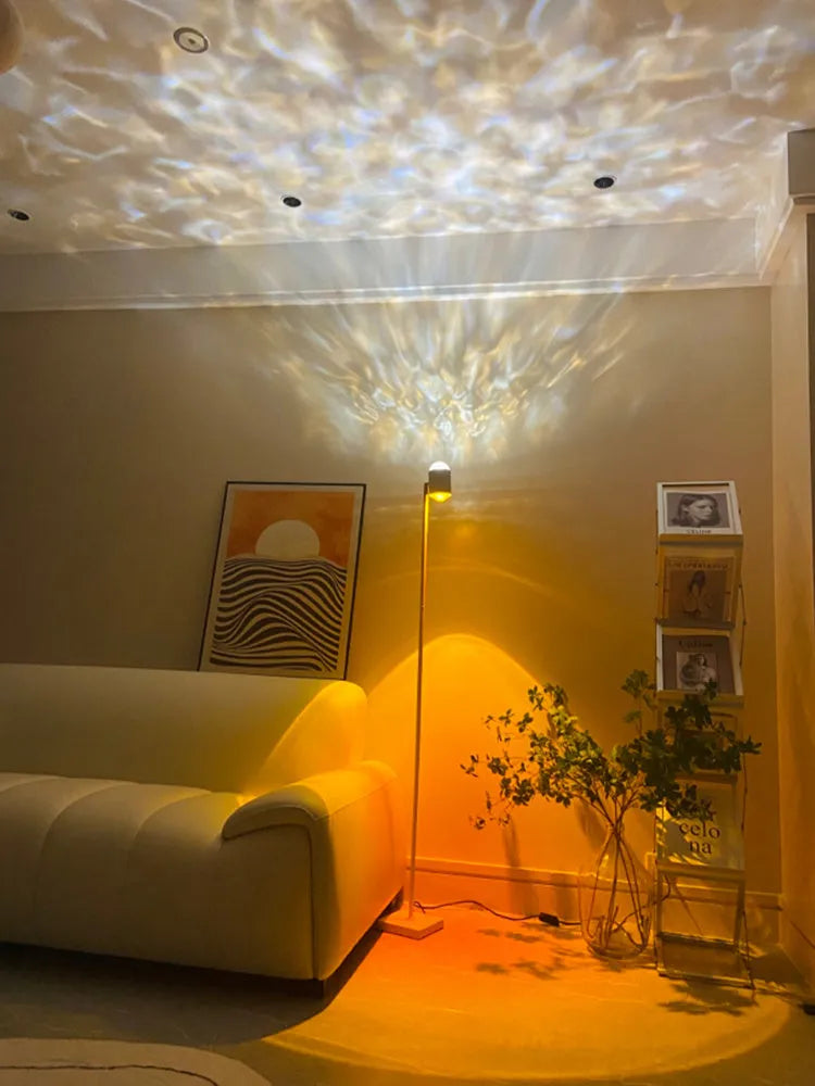 Modern floor lamp projecting water wave light patterns with sunset red or rainbow colour options