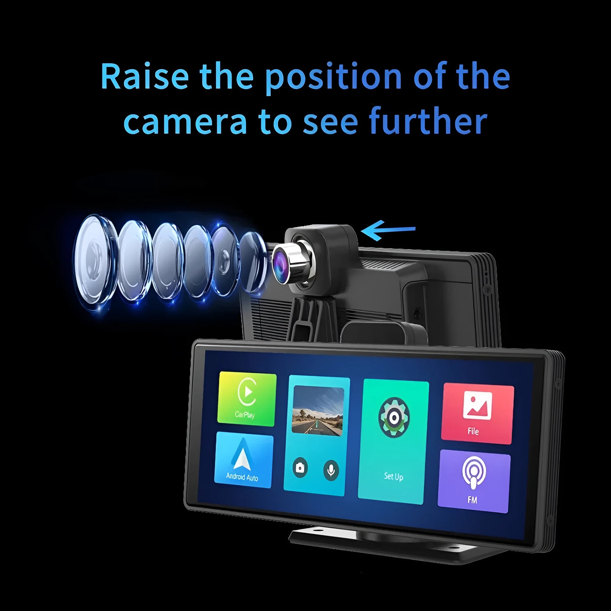 12-inch car dash cam touch screen displaying dual camera view on dashboard.