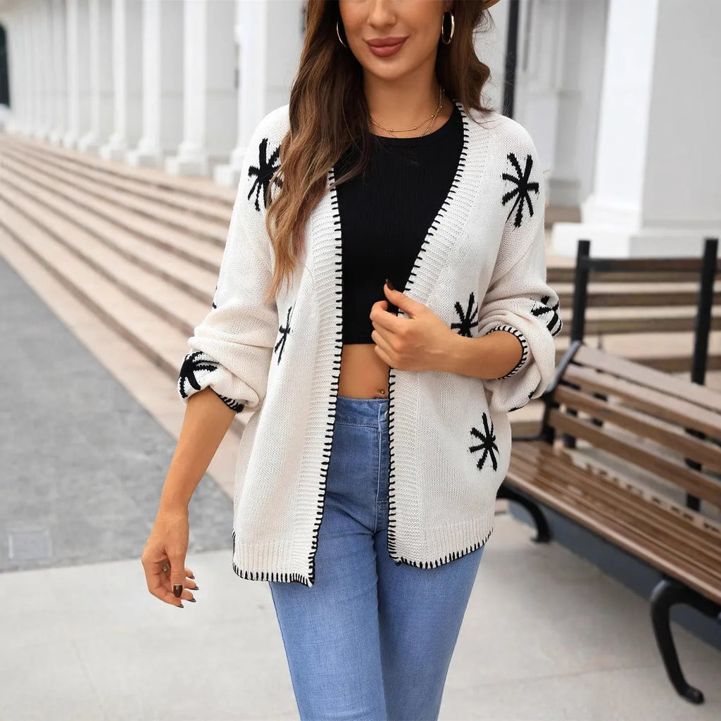 Plus size women's jacquard knitted coat with floral pattern in loose street style fit
