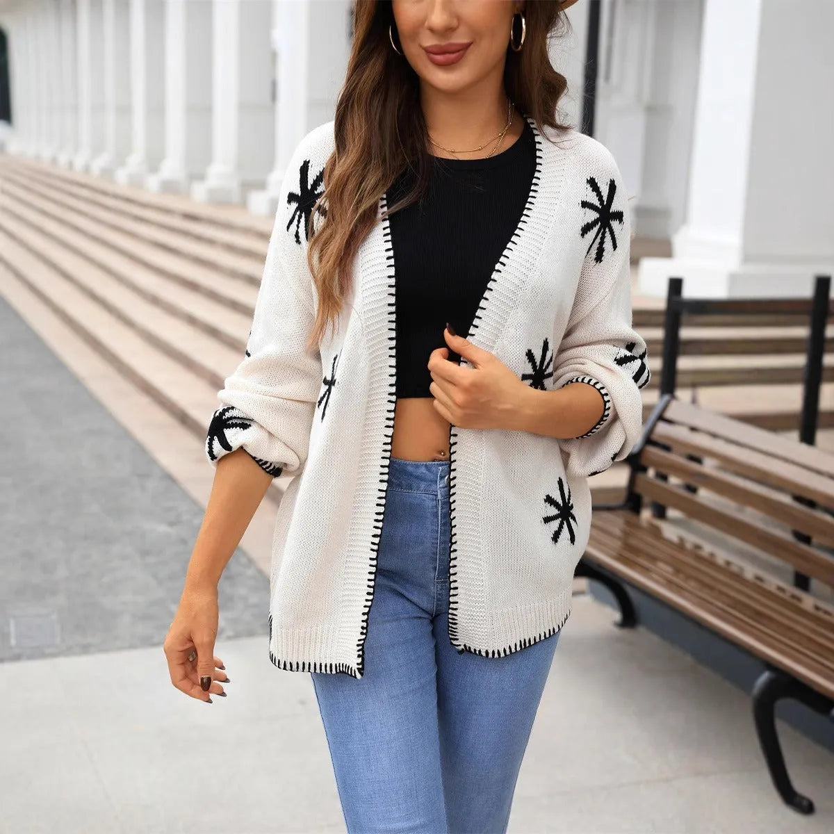 Plus size women's jacquard knitted coat with floral pattern in loose street style fit