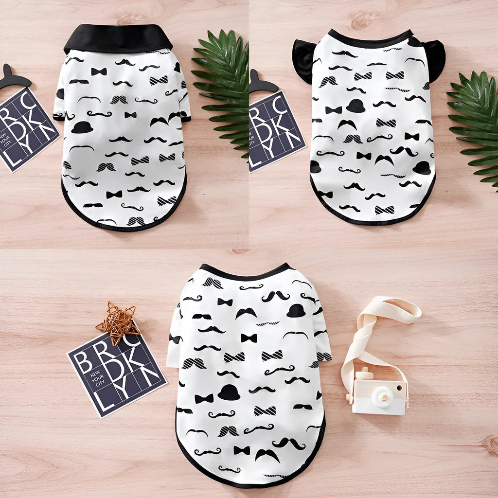 White gentleman beard dog clothes on small canine showing beard detail and polyester fabric