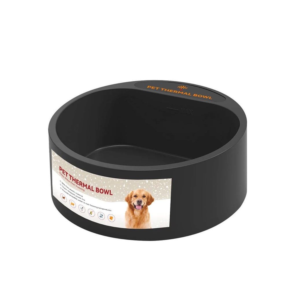 Black ABS plastic pet heating bowl with 2.2L capacity and electric warming base.