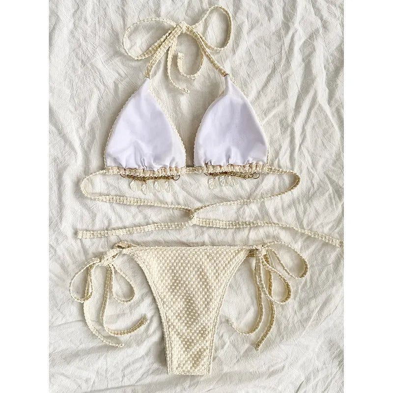 Women's halter bikini with front lace-up design in polyester fabric for swimming