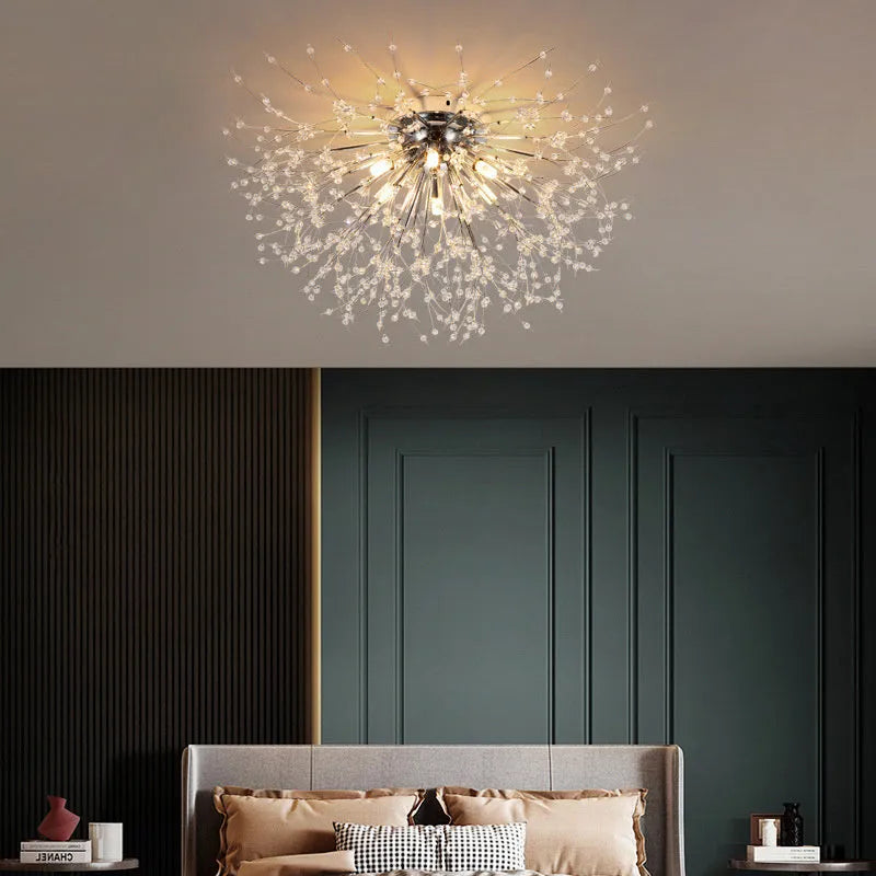 Round dandelion crystal ceiling lamp with four chrome heads and a 40cm diameter