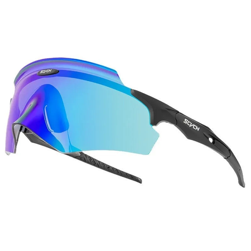 Frameless windproof sports goggles in a colourful integrated lens design for cycling and running.