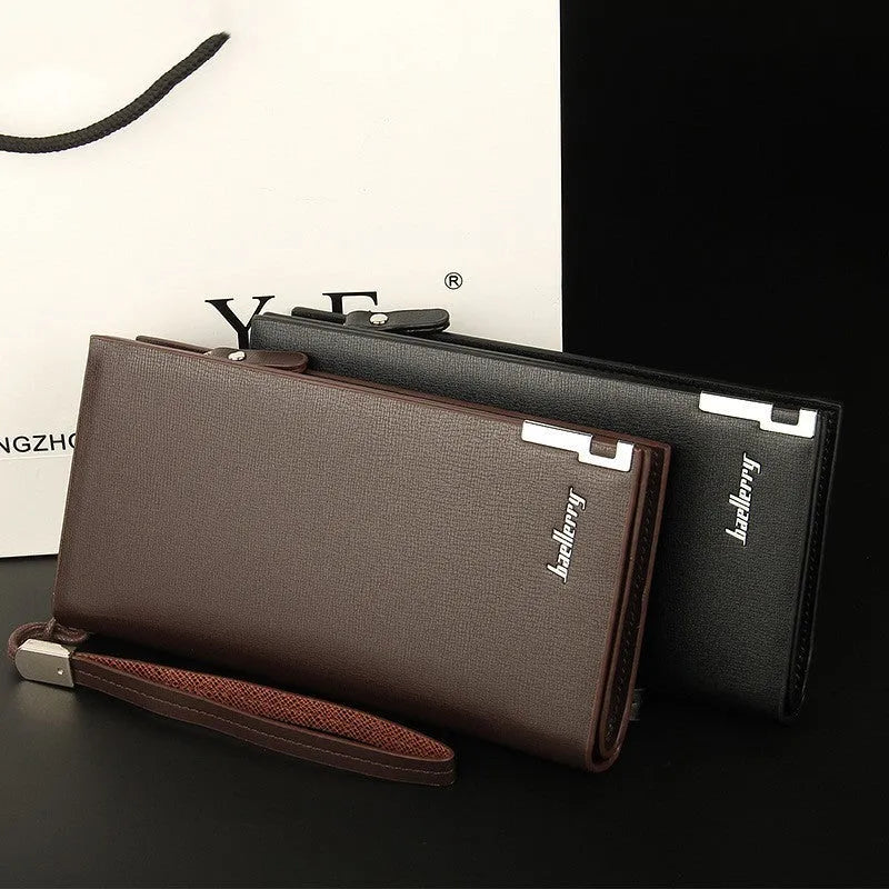 Men's black PU leather wallet with a long zipper closure and seven visible card slots.
